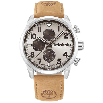 Αντρικό ρολόι Timberland Henniker II TDWGF0009503 με ταμπά δερμάτινο λουράκι και μπεζ καντράν διαμέτρου 46mm.
